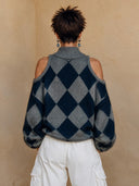 Women's Elegant Vintage Style Cold Shoulder Turtleneck Sweater Grey Navy Diamond Pattern Fuzzy Knit Pullover ZMZ1526J0ZYY