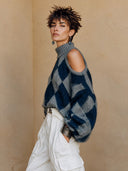 Women's Elegant Vintage Style Cold Shoulder Turtleneck Sweater Grey Navy Diamond Pattern Fuzzy Knit Pullover ZMZ1526J0ZYY