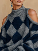 Women's Elegant Vintage Style Cold Shoulder Turtleneck Sweater Grey Navy Diamond Pattern Fuzzy Knit Pullover ZMZ1526J0ZYY