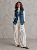 Women's Elegant Vintage Style Blue Herringbone Button-Front Vest With Flap Pockets ZMZ1502J4ZYY