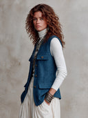 Women's Elegant Vintage Style Blue Herringbone Button-Front Vest With Flap Pockets ZMZ1502J4ZYY