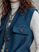 Women's Elegant Vintage Style Blue Herringbone Button-Front Vest With Flap Pockets ZMZ1502J4ZYY