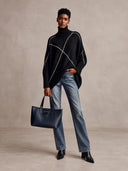 Women's American Retro Style Black Turtleneck Sweater With Contrast Line Pattern Drop Shoulder Pullover ZMZ1583J5ZYY