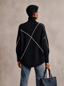Women's American Retro Style Black Turtleneck Sweater With Contrast Line Pattern Drop Shoulder Pullover ZMZ1583J5ZYY