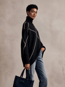 Women's American Retro Style Black Turtleneck Sweater With Contrast Line Pattern Drop Shoulder Pullover ZMZ1583J5ZYY