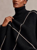 Women's American Retro Style Black Turtleneck Sweater With Contrast Line Pattern Drop Shoulder Pullover ZMZ1583J5ZYY