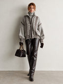 Women’s American-Style Vintage Elegance Light Grey Houndstooth Jacquard Zip-Up Knit Cardigan With Stand Collar And Balloon Sleeves ZMZ1571J5ZYY