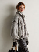 Women’s American-Style Vintage Elegance Light Grey Houndstooth Jacquard Zip-Up Knit Cardigan With Stand Collar And Balloon Sleeves ZMZ1571J5ZYY