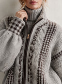 Women’s American-Style Vintage Elegance Light Grey Houndstooth Jacquard Zip-Up Knit Cardigan With Stand Collar And Balloon Sleeves ZMZ1571J5ZYY