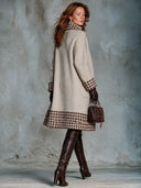 Women’s Vintage American-style Longline Zip-Front Knit Cardigan With Brown Houndstooth Trim, Oatmeal Beige ZMZ1544J9ZYY