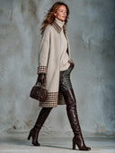 Women’s Vintage American-style Longline Zip-Front Knit Cardigan With Brown Houndstooth Trim, Oatmeal Beige ZMZ1544J9ZYY