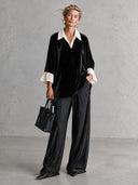 Women's Elegant Vintage Style Black Velvet Pullover Blouse With Contrast Ivory Collar And Flared Cuffs ZMZ1532J1ZYY