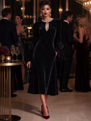 Women's Black Velvet Bell Sleeve Midi Dress ZMZ1544J4XT