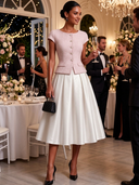 Women's Elegant Tweed Short-sleeved Jacket And Satin A-line Skirt Two-piece Set ZMZ1503J9XT