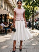 Women's Elegant Tweed Short-sleeved Jacket And Satin A-line Skirt Two-piece Set ZMZ1503J9XT