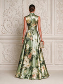 Women’s Sage Green Printed Satin Sleeveless Mock-Neck Maxi Dress ZMZ1516J4XT