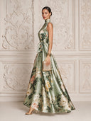 Women’s Sage Green Printed Satin Sleeveless Mock-Neck Maxi Dress ZMZ1516J4XT