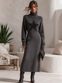 Women's Casual High-Neck Ribbed Star-Pattern Knit Midi Dress ZMZ1547J9XT