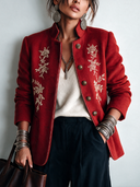 Women's Classic Wool Blend Floral Embroidery Stand Collar Button Jacket ZMZ1553J2SWL