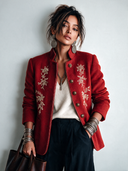Women's Classic Wool Blend Floral Embroidery Stand Collar Button Jacket ZMZ1553J2SWL
