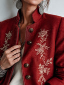 Women's Classic Wool Blend Floral Embroidery Stand Collar Button Jacket ZMZ1553J2SWL