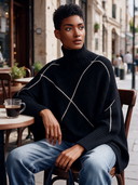 Women's American Retro Style Black Turtleneck Sweater With Contrast Line Pattern Drop Shoulder Pullover ZMZ1583J5ZYY