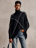 Women's American Retro Style Black Turtleneck Sweater With Contrast Line Pattern Drop Shoulder Pullover ZMZ1583J5ZYY