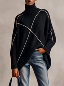 Women's American Retro Style Black Turtleneck Sweater With Contrast Line Pattern Drop Shoulder Pullover ZMZ1583J5ZYY