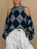 Women's Elegant Vintage Style Cold Shoulder Turtleneck Sweater Grey Navy Diamond Pattern Fuzzy Knit Pullover ZMZ1526J0ZYY