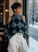 Women's Elegant Vintage Style Cold Shoulder Turtleneck Sweater Grey Navy Diamond Pattern Fuzzy Knit Pullover ZMZ1526J0ZYY