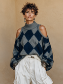 Women's Elegant Vintage Style Cold Shoulder Turtleneck Sweater Grey Navy Diamond Pattern Fuzzy Knit Pullover ZMZ1526J0ZYY