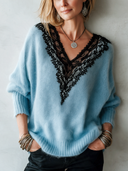 Women's Fashionable V-Neck Light Blue Pullover Sweater ZMZ1595J5SWL
