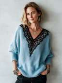 Women's Fashionable V-Neck Light Blue Pullover Sweater ZMZ1595J5SWL
