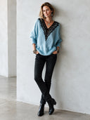 Women's Fashionable V-Neck Light Blue Pullover Sweater ZMZ1595J5SWL