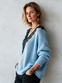 Women's Fashionable V-Neck Light Blue Pullover Sweater ZMZ1595J5SWL