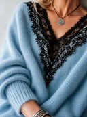 Women's Fashionable V-Neck Light Blue Pullover Sweater ZMZ1595J5SWL