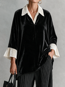 Women's Elegant Vintage Style Black Velvet Pullover Blouse With Contrast Ivory Collar And Flared Cuffs ZMZ1532J1ZYY