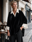 Women's Elegant Vintage Style Black Velvet Pullover Blouse With Contrast Ivory Collar And Flared Cuffs ZMZ1532J1ZYY
