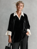 Women's Elegant Vintage Style Black Velvet Pullover Blouse With Contrast Ivory Collar And Flared Cuffs ZMZ1532J1ZYY