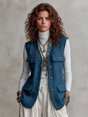 Women's Elegant Vintage Style Blue Herringbone Button-Front Vest With Flap Pockets ZMZ1502J4ZYY
