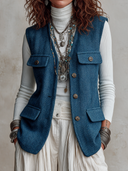 Women's Elegant Vintage Style Blue Herringbone Button-Front Vest With Flap Pockets ZMZ1502J4ZYY