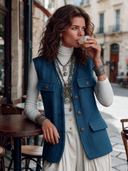 Women's Elegant Vintage Style Blue Herringbone Button-Front Vest With Flap Pockets ZMZ1502J4ZYY