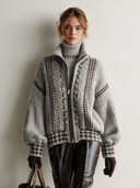 Women’s American-Style Vintage Elegance Light Grey Houndstooth Jacquard Zip-Up Knit Cardigan With Stand Collar And Balloon Sleeves ZMZ1571J5ZYY