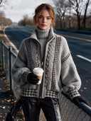 Women’s American-Style Vintage Elegance Light Grey Houndstooth Jacquard Zip-Up Knit Cardigan With Stand Collar And Balloon Sleeves ZMZ1571J5ZYY