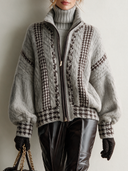 Women’s American-Style Vintage Elegance Light Grey Houndstooth Jacquard Zip-Up Knit Cardigan With Stand Collar And Balloon Sleeves ZMZ1571J5ZYY