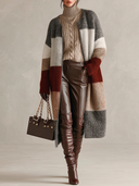 Women’s American-Style Vintage Elegance Colorblock Stripe Longline Zippered Front Cardigan Fuzzy Knit Knee-Length ZMZ1589J5ZYY