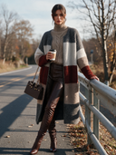 Women’s American-Style Vintage Elegance Colorblock Stripe Longline Zippered Front Cardigan Fuzzy Knit Knee-Length ZMZ1589J5ZYY