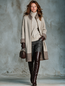 Women’s Vintage American-style Longline Zip-Front Knit Cardigan With Brown Houndstooth Trim, Oatmeal Beige ZMZ1544J9ZYY