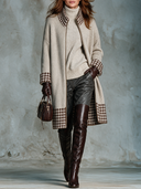 Women’s Vintage American-style Longline Zip-Front Knit Cardigan With Brown Houndstooth Trim, Oatmeal Beige ZMZ1544J9ZYY