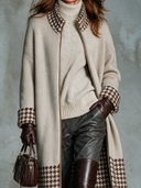 Women’s Vintage American-style Longline Zip-Front Knit Cardigan With Brown Houndstooth Trim, Oatmeal Beige ZMZ1544J9ZYY